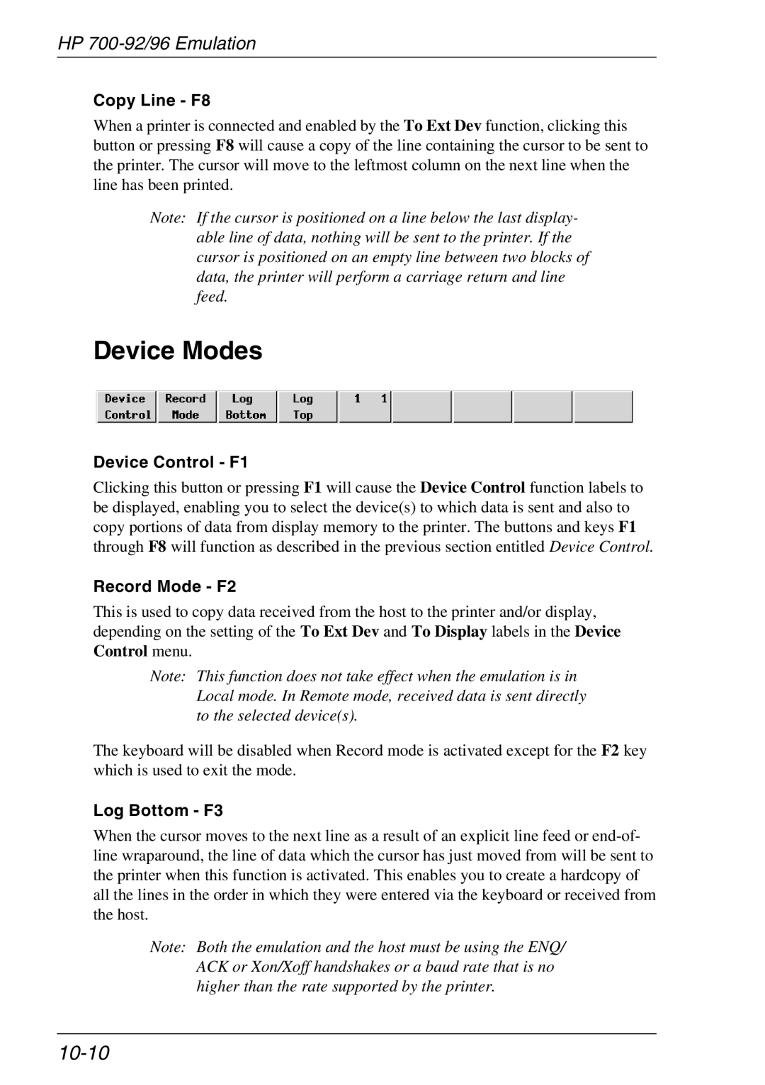 HP TeemTalk Terminal Emulator, Teemtalk Licenses manual Device Modes, 10-10, Copy Line F8, Record Mode F2, Log Bottom F3 