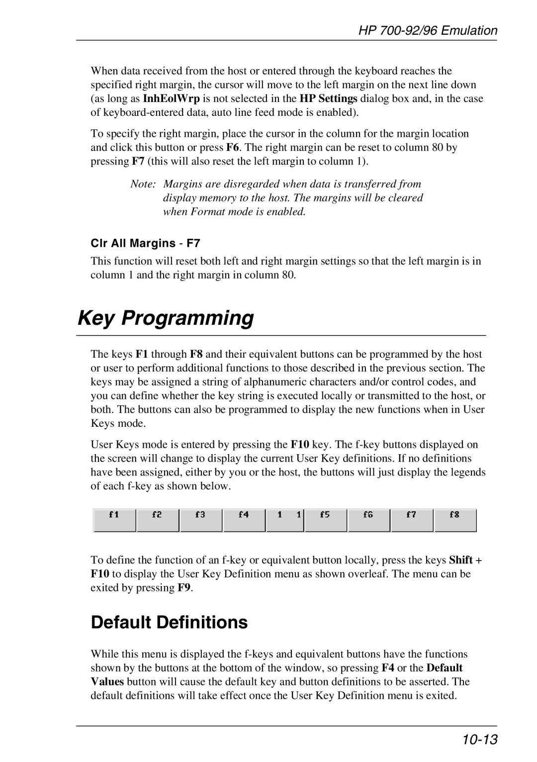HP Teemtalk LTU and Media, Teemtalk Licenses manual Key Programming, Default Definitions, 10-13, Clr All Margins F7 