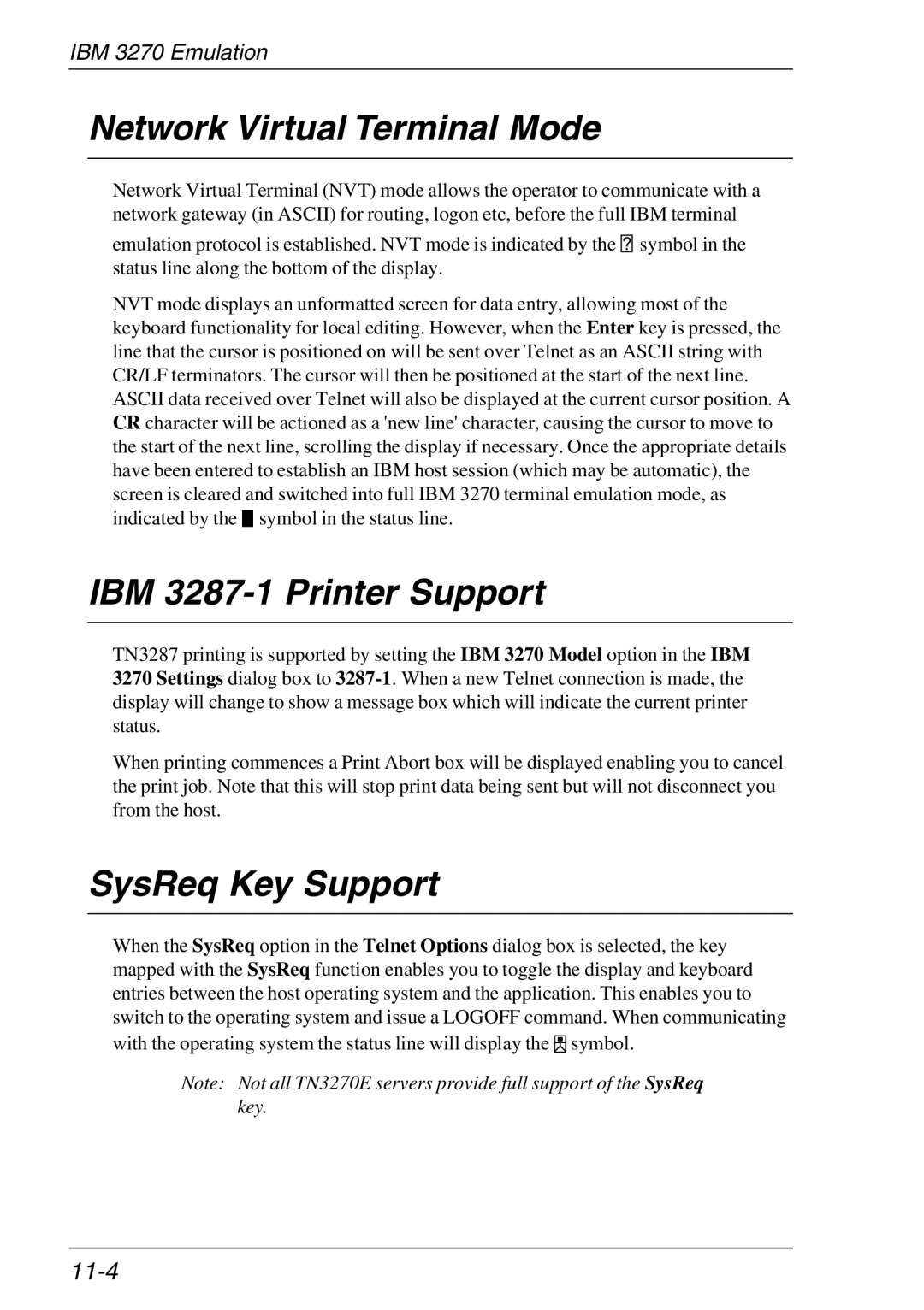 HP Teemtalk Licenses manual Network Virtual Terminal Mode, IBM 3287-1 Printer Support, SysReq Key Support, 11-4 