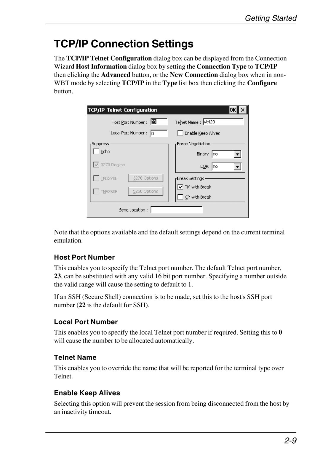 HP Teemtalk LTU and Media TCP/IP Connection Settings, Host Port Number, Local Port Number, Telnet Name, Enable Keep Alives 