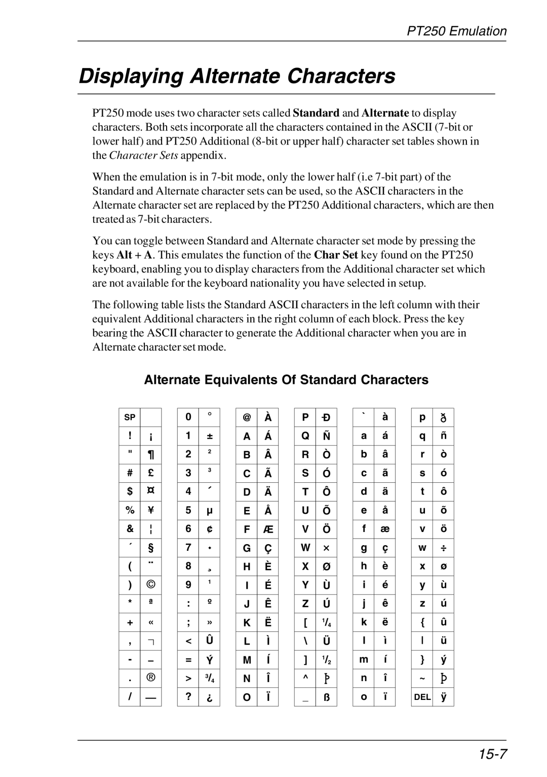 HP Teemtalk LTU and Media manual Displaying Alternate Characters, 15-7, Alternate Equivalents Of Standard Characters 