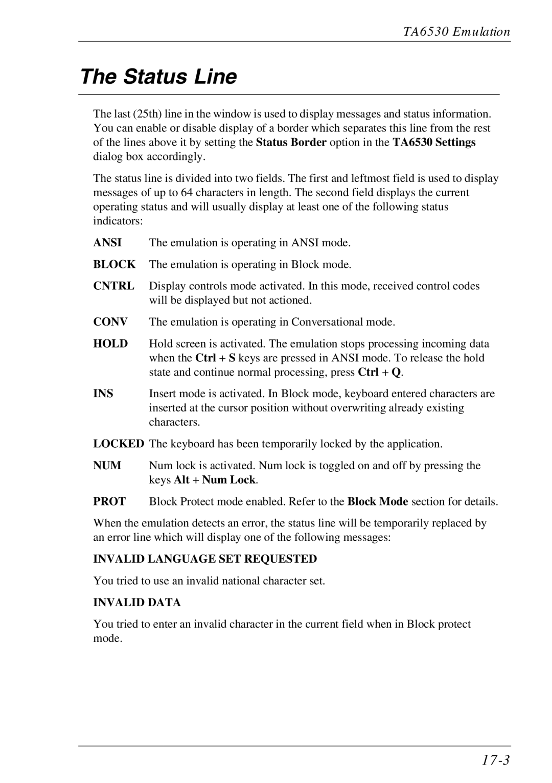 HP Teemtalk LTU and Media, Teemtalk Licenses, TeemTalk Terminal Emulator manual Status Line, 17-3 