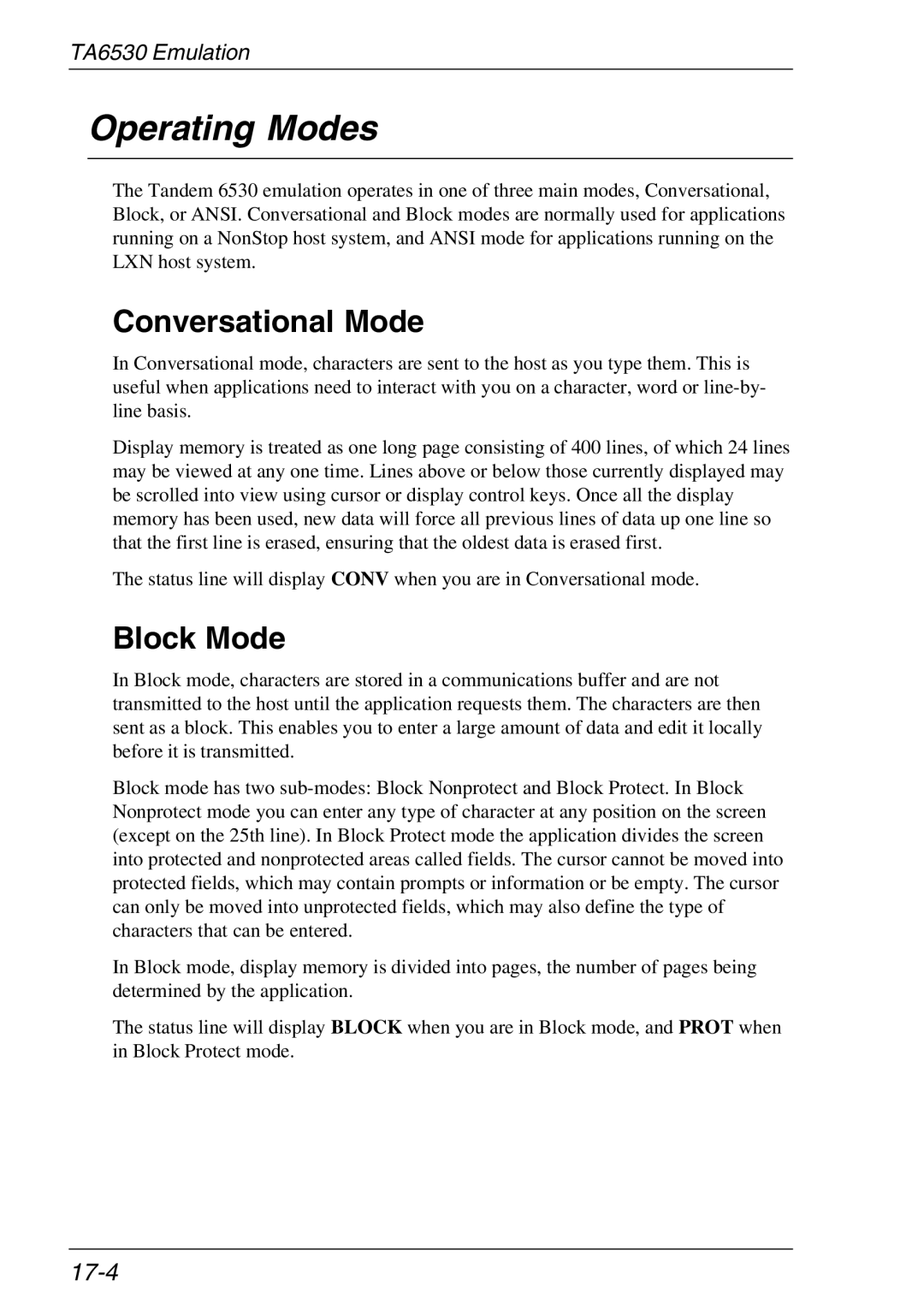 HP TeemTalk Terminal Emulator, Teemtalk Licenses manual Operating Modes, Conversational Mode, Block Mode, 17-4 