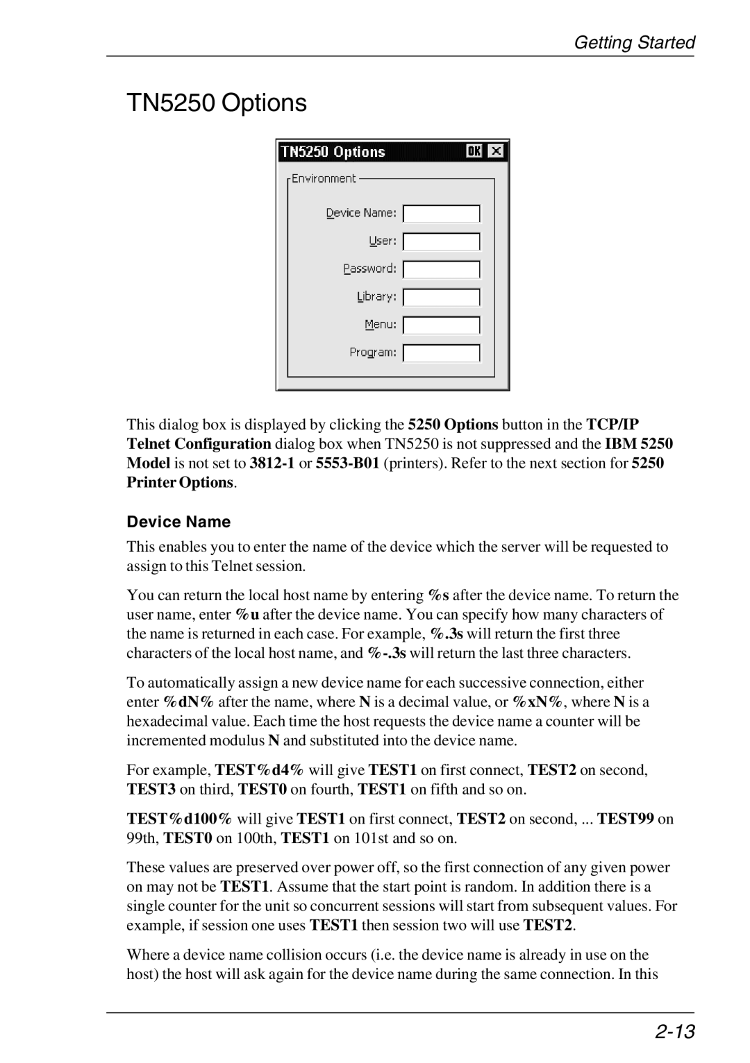 HP Teemtalk LTU and Media, Teemtalk Licenses, TeemTalk Terminal Emulator manual TN5250Options, Device Name 