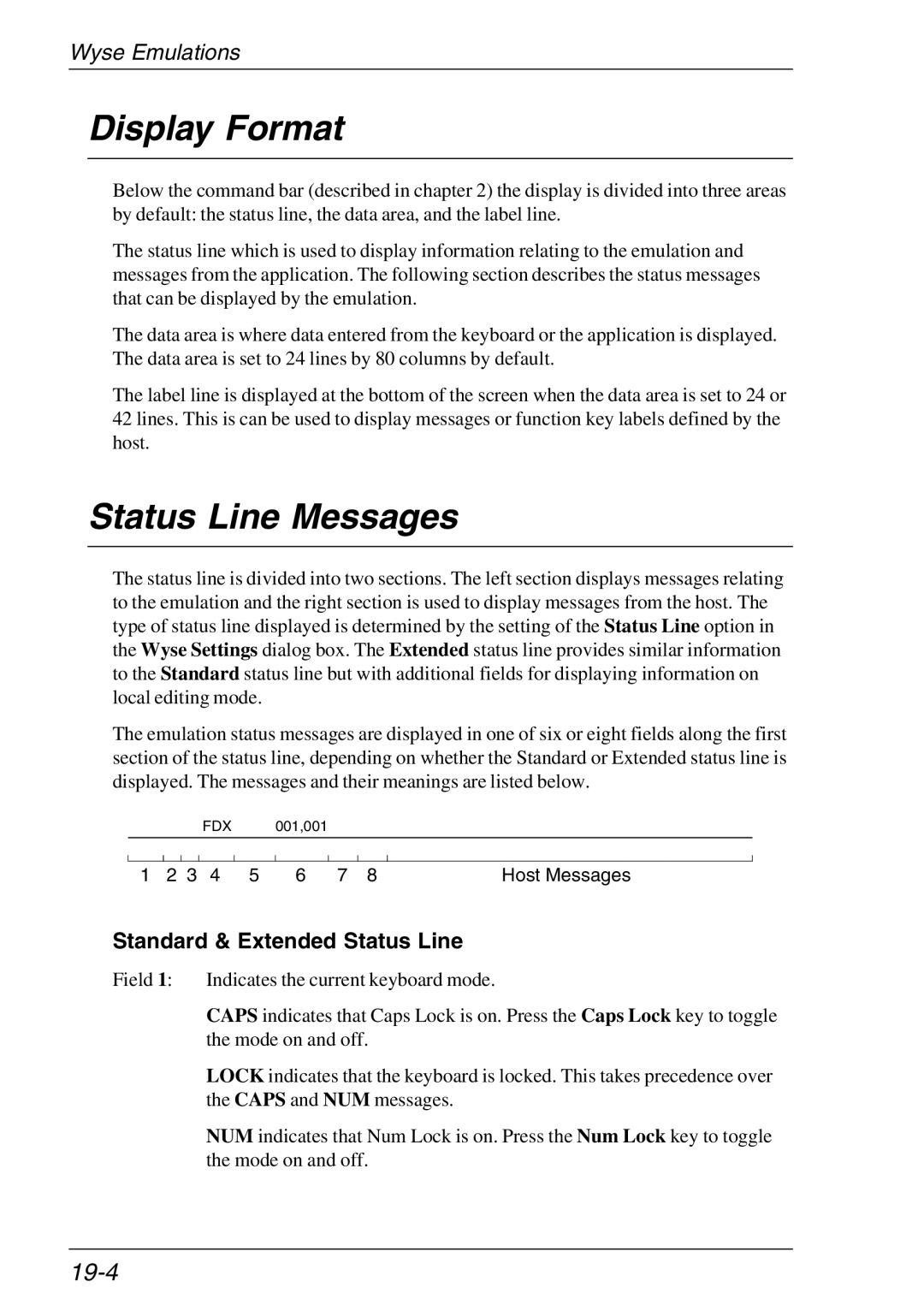 HP TeemTalk Terminal Emulator manual Display Format, Status Line Messages, 19-4, Standard & Extended Status Line 