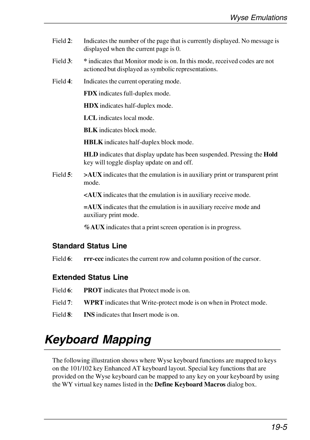 HP TeemTalk Terminal Emulator 11 E-License, Teemtalk Licenses manual 19-5, Standard Status Line, Extended Status Line 