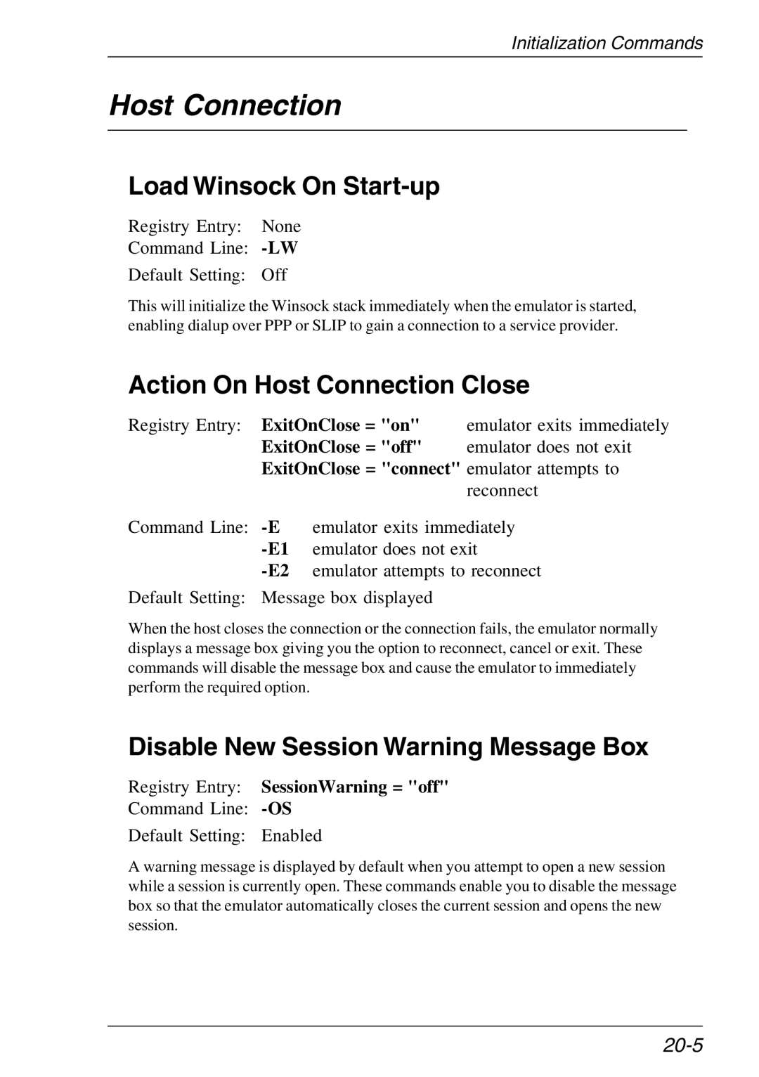 HP Teemtalk LTU and Media, Teemtalk Licenses manual Load Winsock On Start-up, Action On Host Connection Close, 20-5 