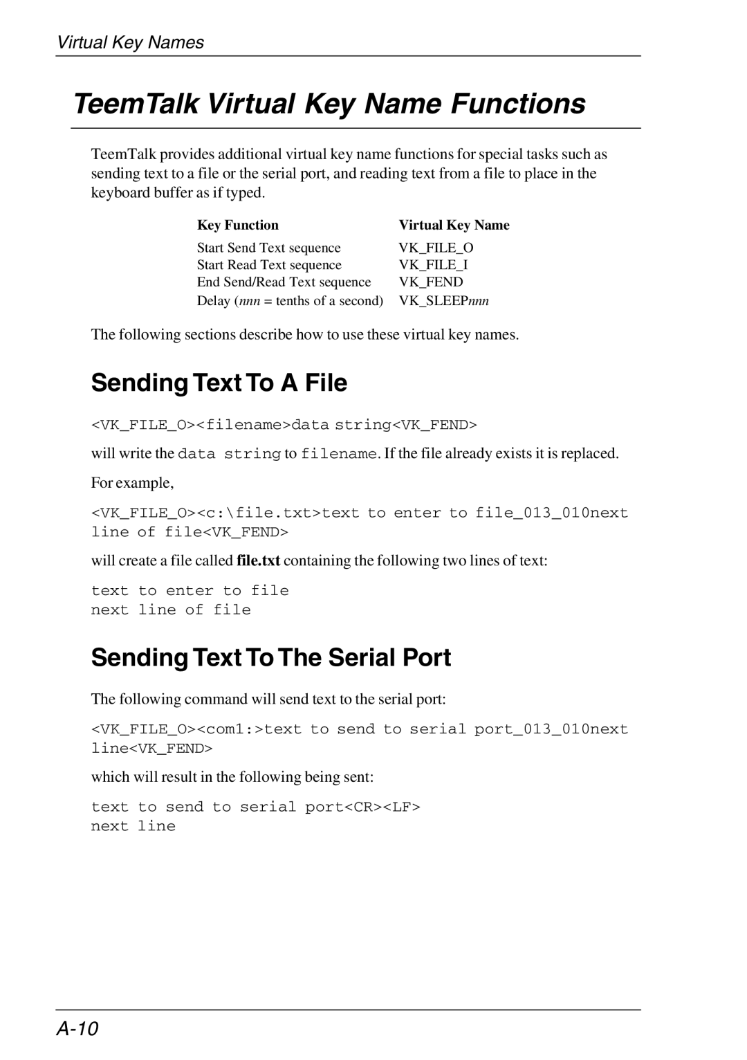 HP Teemtalk Licenses manual TeemTalk Virtual Key Name Functions, Sending Text To a File, Sending Text To The Serial Port 