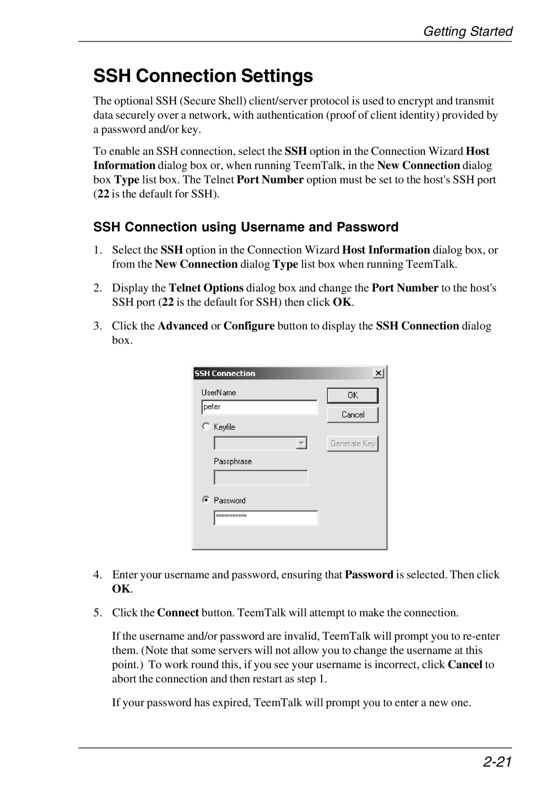 HP Teemtalk LTU and Media, Teemtalk Licenses manual SSH Connection Settings, SSH Connection using Username and Password 