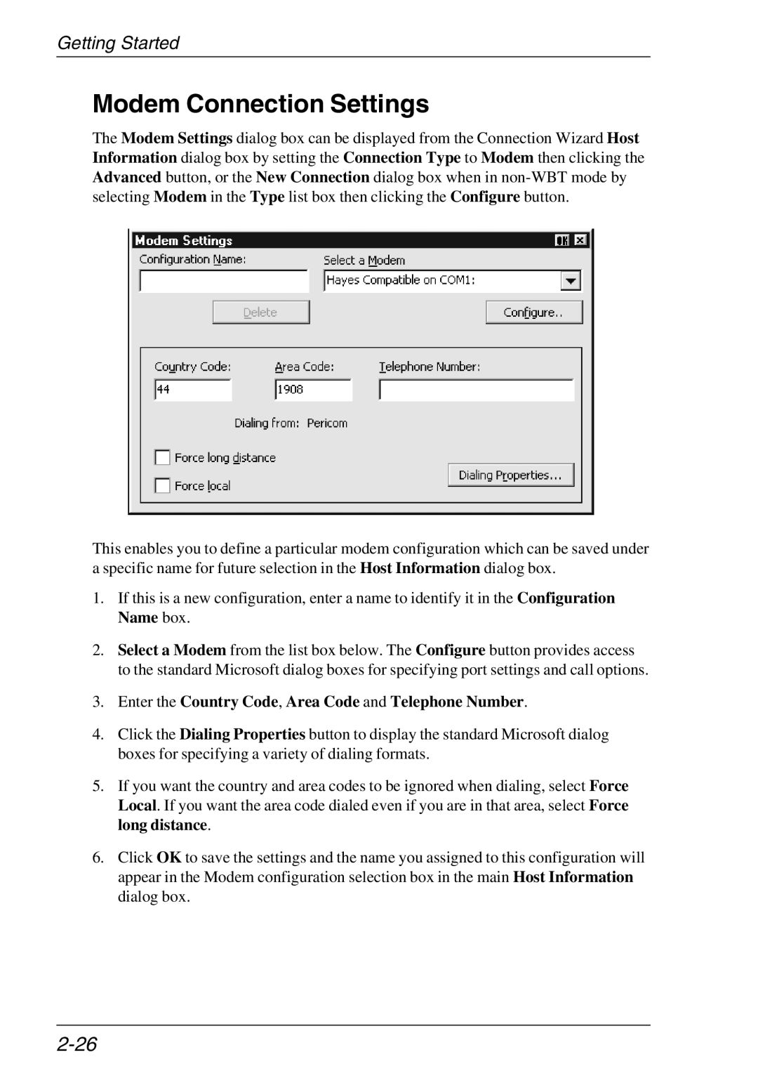 HP TeemTalk Terminal Emulator manual Modem Connection Settings, Enter the Country Code, Area Code and Telephone Number 