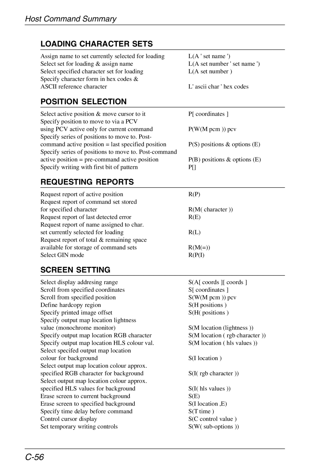 HP TeemTalk Terminal Emulator manual Loading Character Sets, Position Selection, Requesting Reports, Screen Setting 