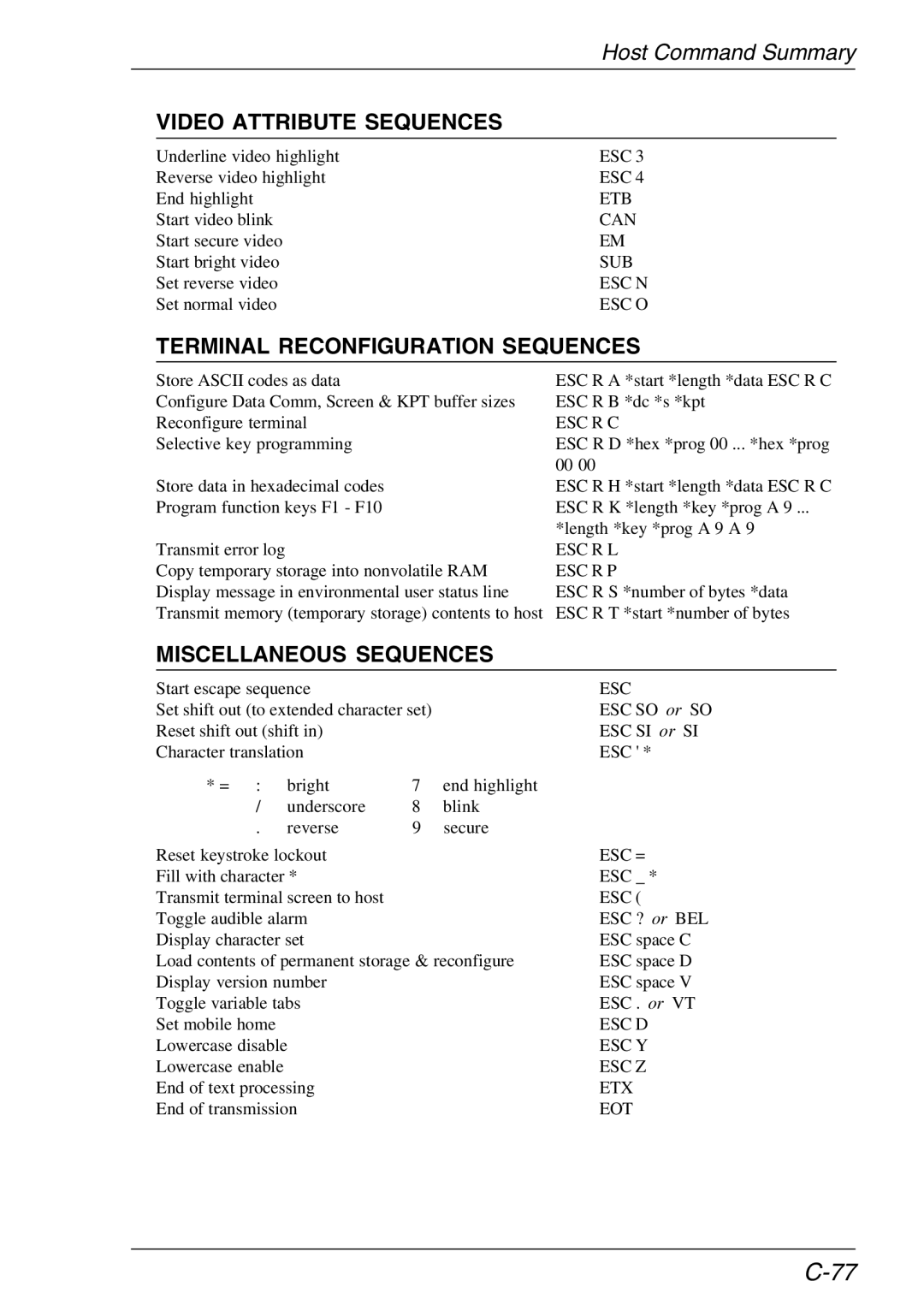HP TeemTalk Terminal Emulator 11 E-License manual Video Attribute Sequences, Terminal Reconfiguration Sequences 