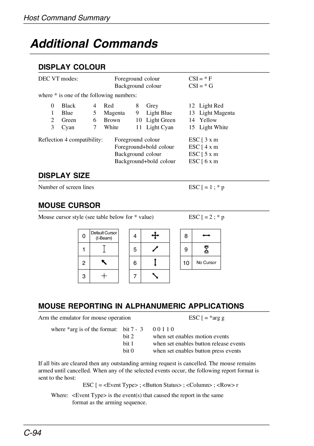 HP Teemtalk Licenses, Teemtalk LTU and Media manual Additional Commands, Display Colour, Display Size, Mouse Cursor 
