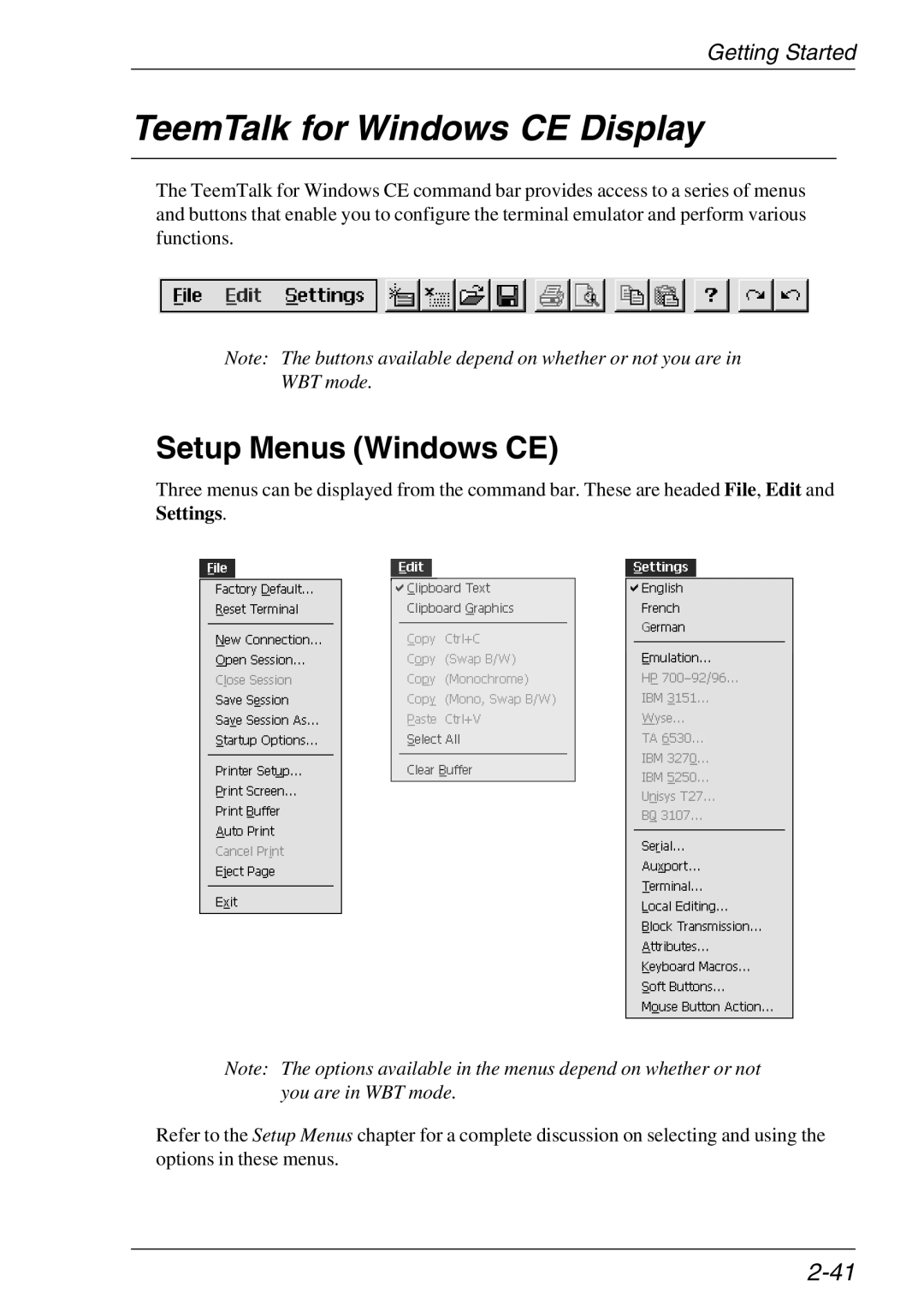 HP Teemtalk LTU and Media, Teemtalk Licenses manual TeemTalk for Windows CE Display, Setup Menus Windows CE 