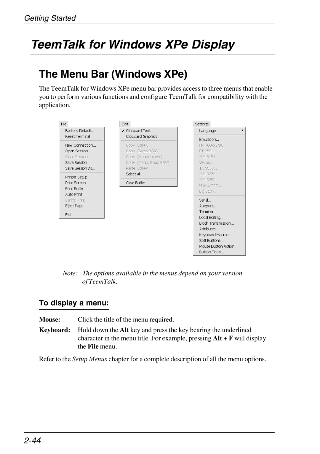 HP Teemtalk Licenses, Teemtalk LTU and Media TeemTalk for Windows XPe Display, Menu Bar Windows XPe, To display a menu 