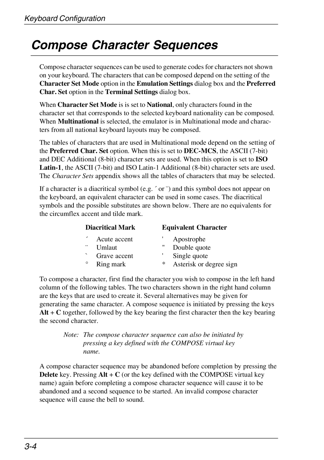 HP TeemTalk Terminal Emulator, Teemtalk Licenses manual Compose Character Sequences, Diacritical Mark Equivalent Character 