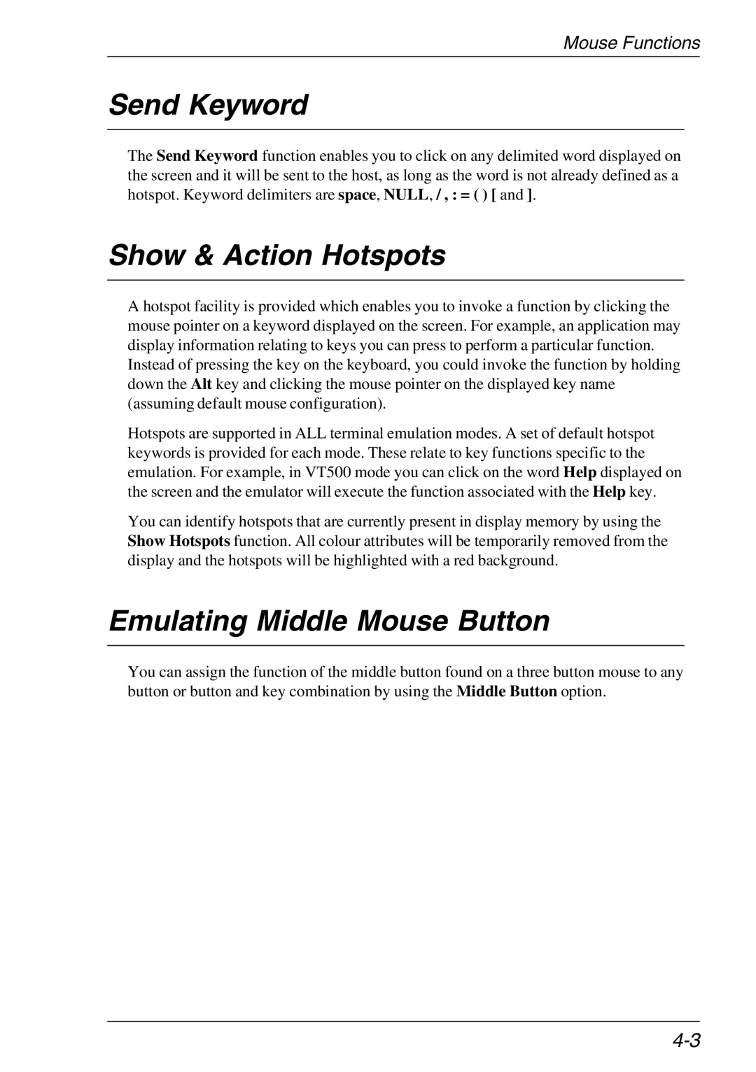 HP Teemtalk LTU and Media, Teemtalk Licenses manual Send Keyword, Show & Action Hotspots, Emulating Middle Mouse Button 