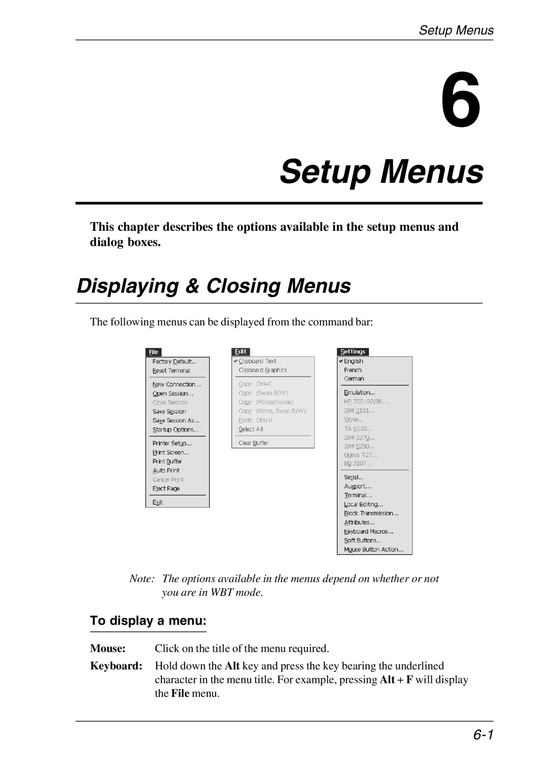 HP Teemtalk LTU and Media, Teemtalk Licenses, TeemTalk Terminal Emulator manual Setup Menus, Displaying & Closing Menus 