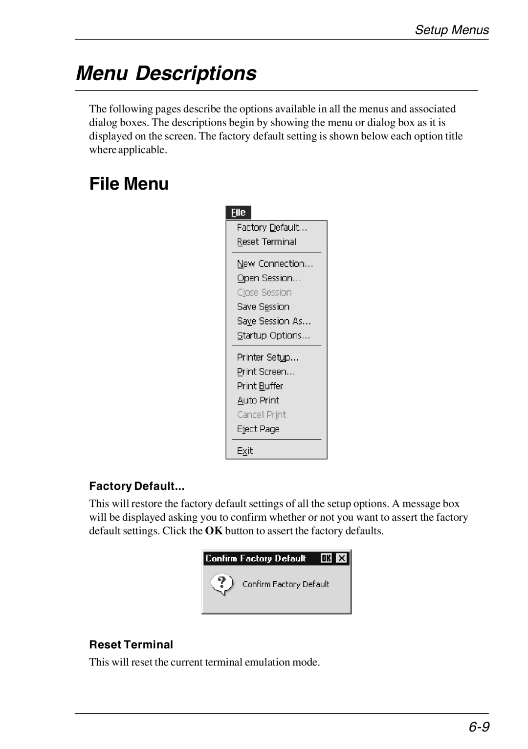 HP Teemtalk LTU and Media, Teemtalk Licenses manual Menu Descriptions, File Menu, Factory Default, Reset Terminal 