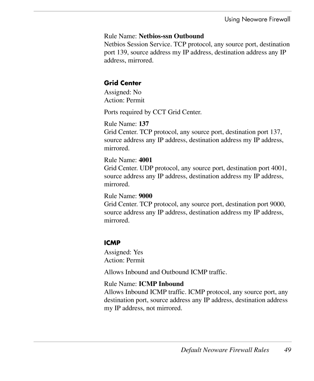 HP TeemTalk Terminal Emulator 10 E-License manual Rule Name Netbios-ssn Outbound, Rule Name Icmp Inbound 