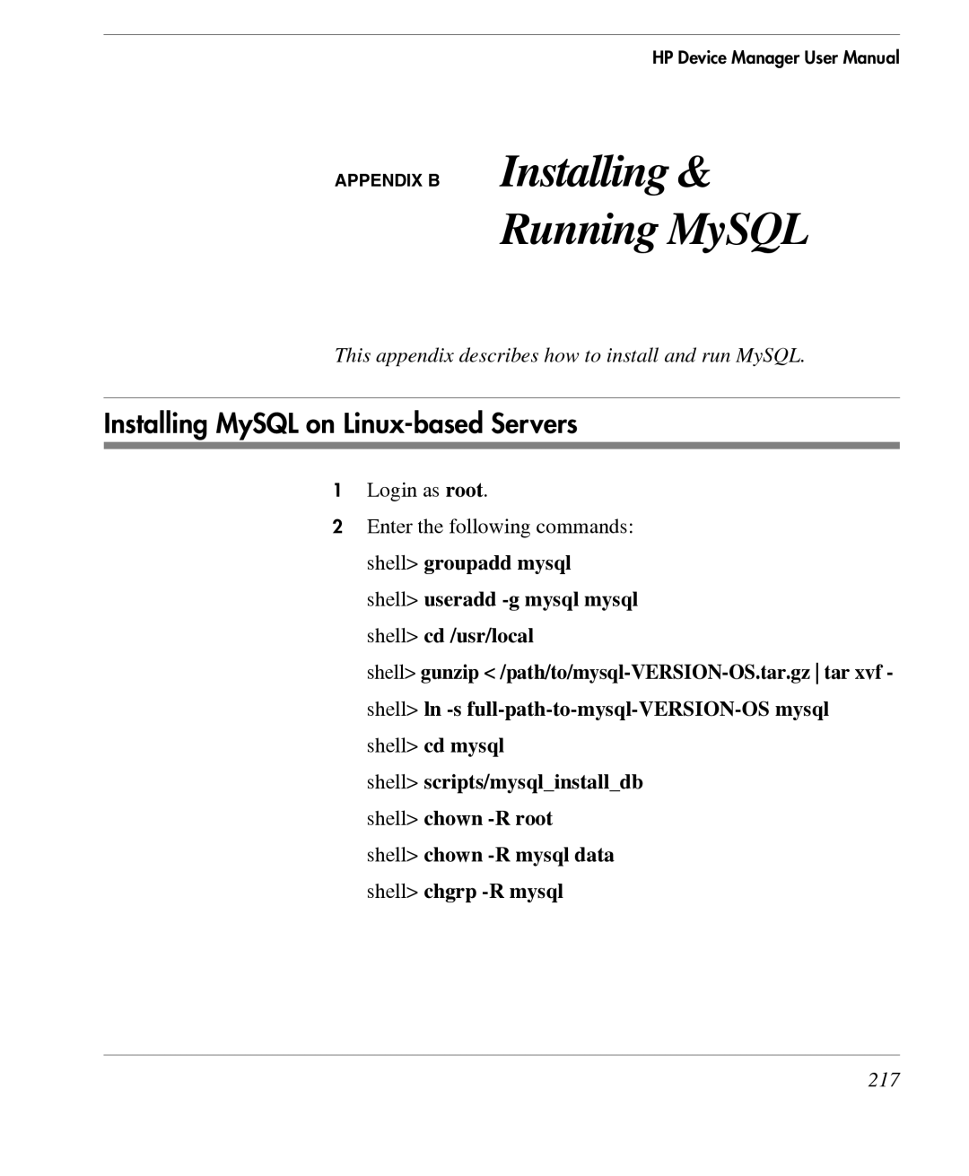 HP TeemTalk Terminal Emulator 7 E-License manual Installing MySQL on Linux-based Servers, 217 