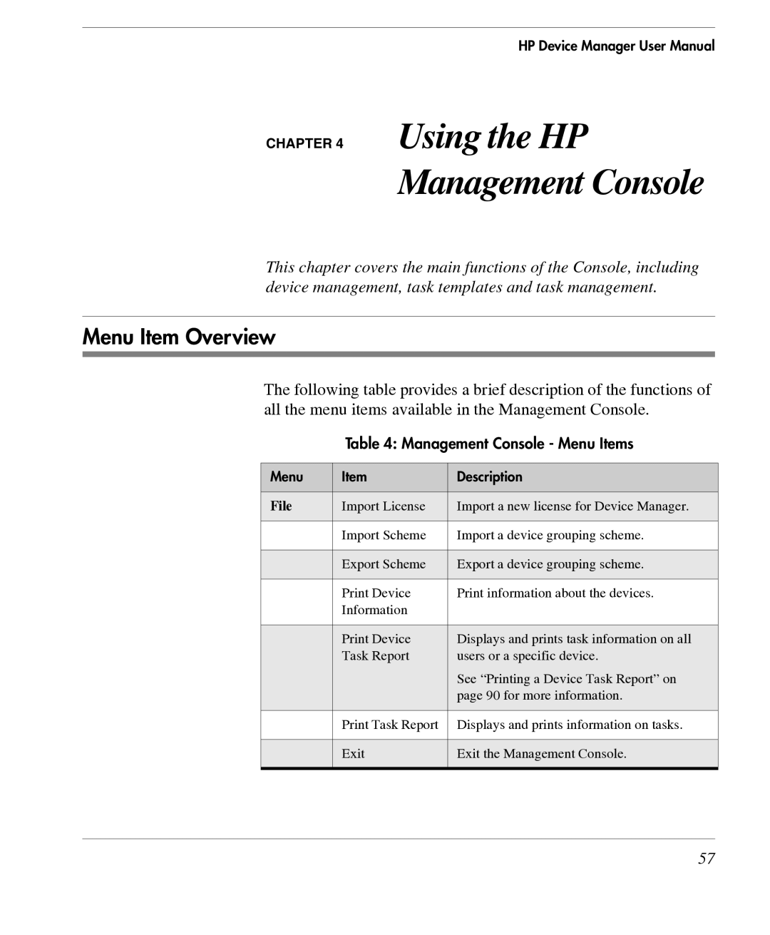 HP TeemTalk Terminal Emulator 7 E-License manual Using the HP Management Console, Menu Item Overview 