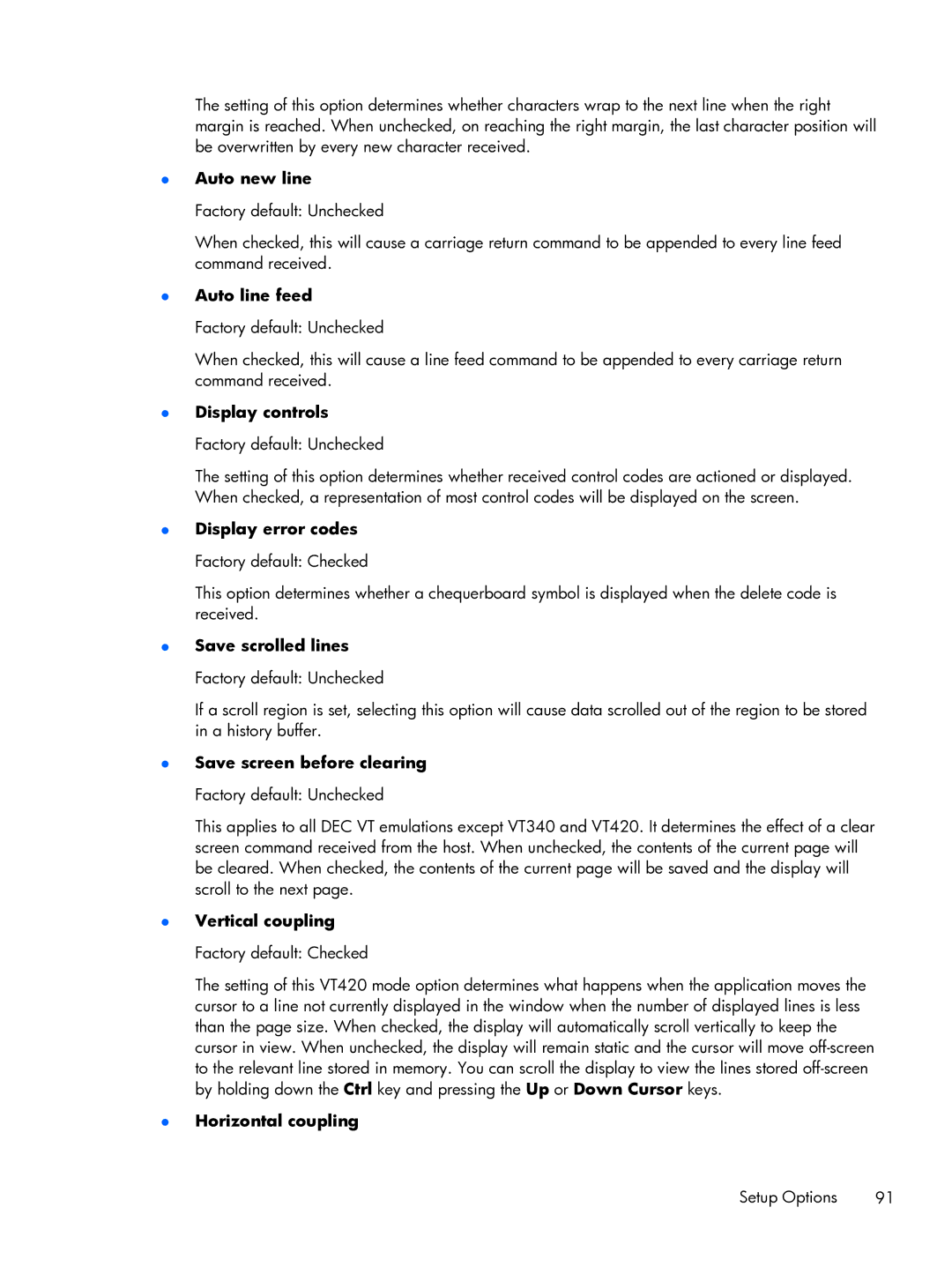 HP TeemTalk Terminal Emulator 8 E-License manual Auto new line, Auto line feed, Display controls Factory default Unchecked 