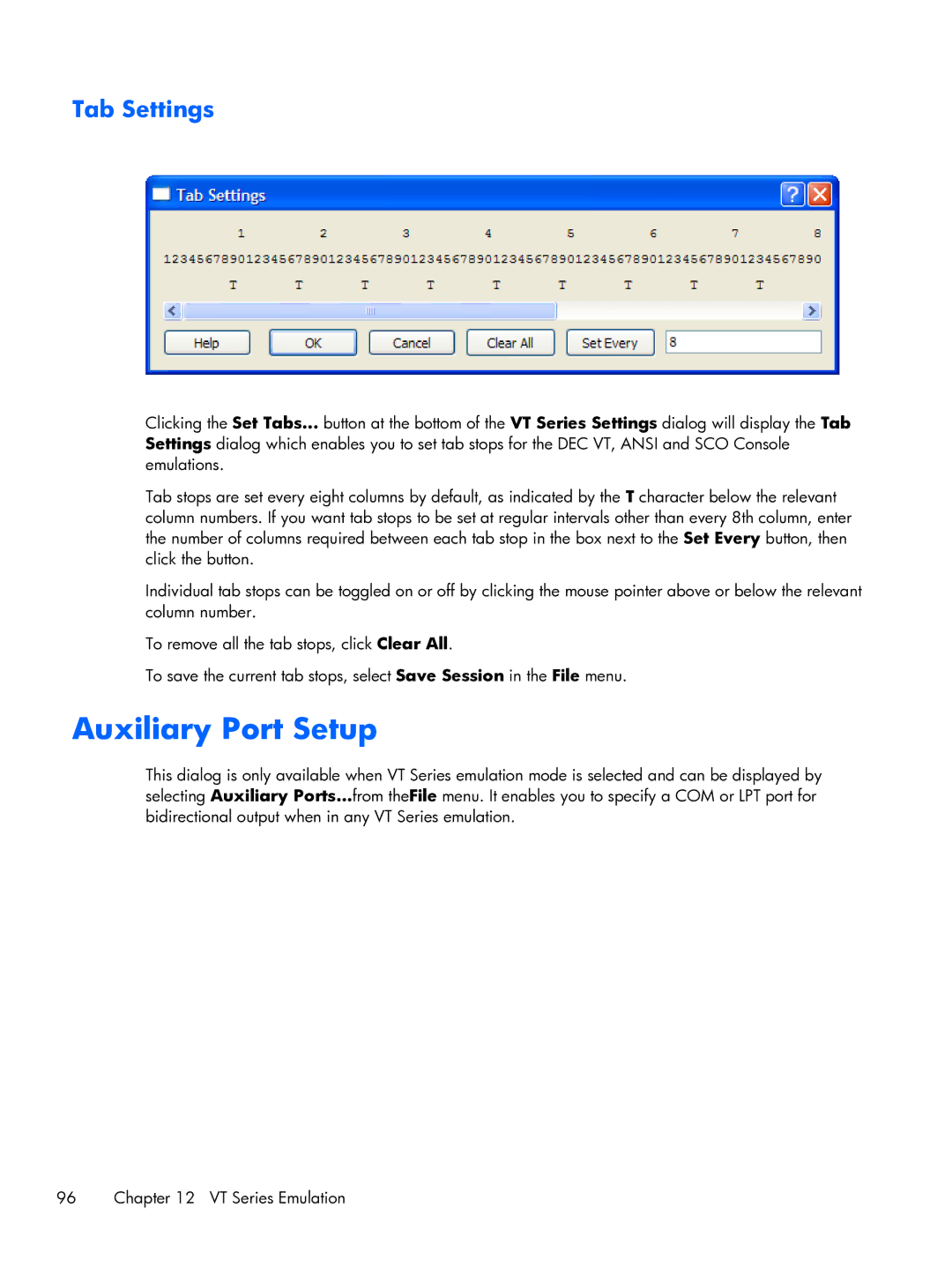 HP TeemTalk Terminal Emulator 8 E-License manual Auxiliary Port Setup, Tab Settings 