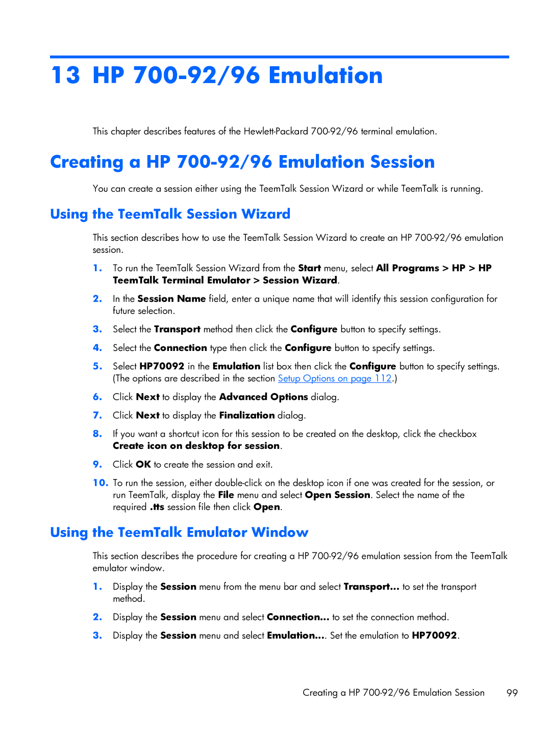 HP TeemTalk Terminal Emulator 8 E-License manual 13 HP 700-92/96 Emulation, Creating a HP 700-92/96 Emulation Session 