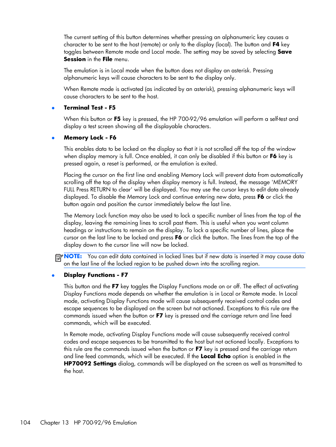 HP TeemTalk Terminal Emulator 8 E-License manual Terminal Test F5, Memory Lock F6, Display Functions F7 