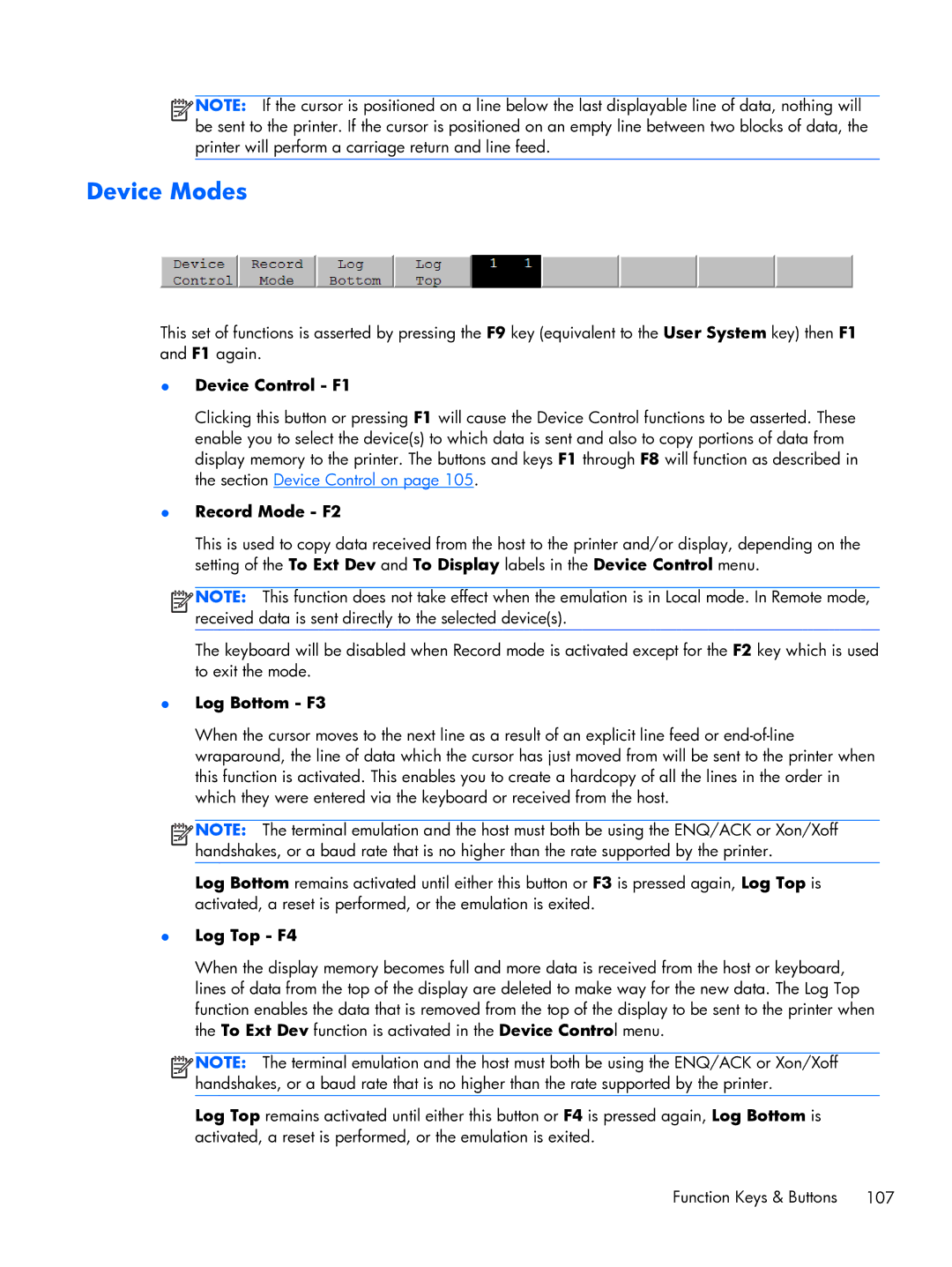 HP TeemTalk Terminal Emulator 8 E-License manual Device Modes, Record Mode F2, Log Bottom F3, Log Top F4 