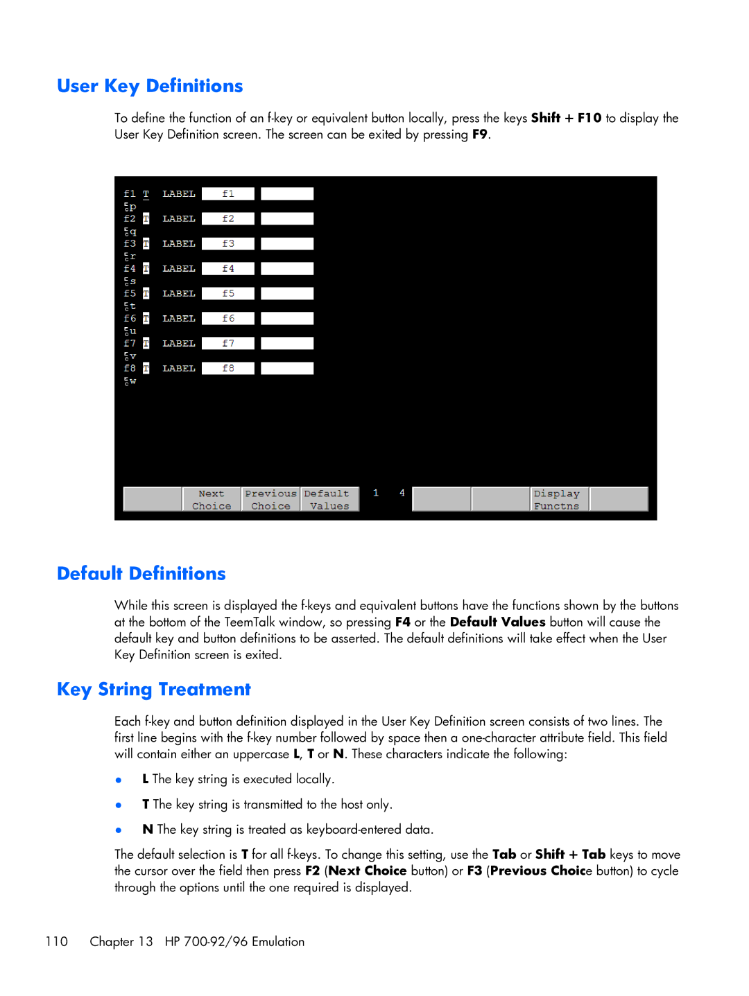 HP TeemTalk Terminal Emulator 8 E-License manual User Key Definitions, Default Definitions, Key String Treatment 