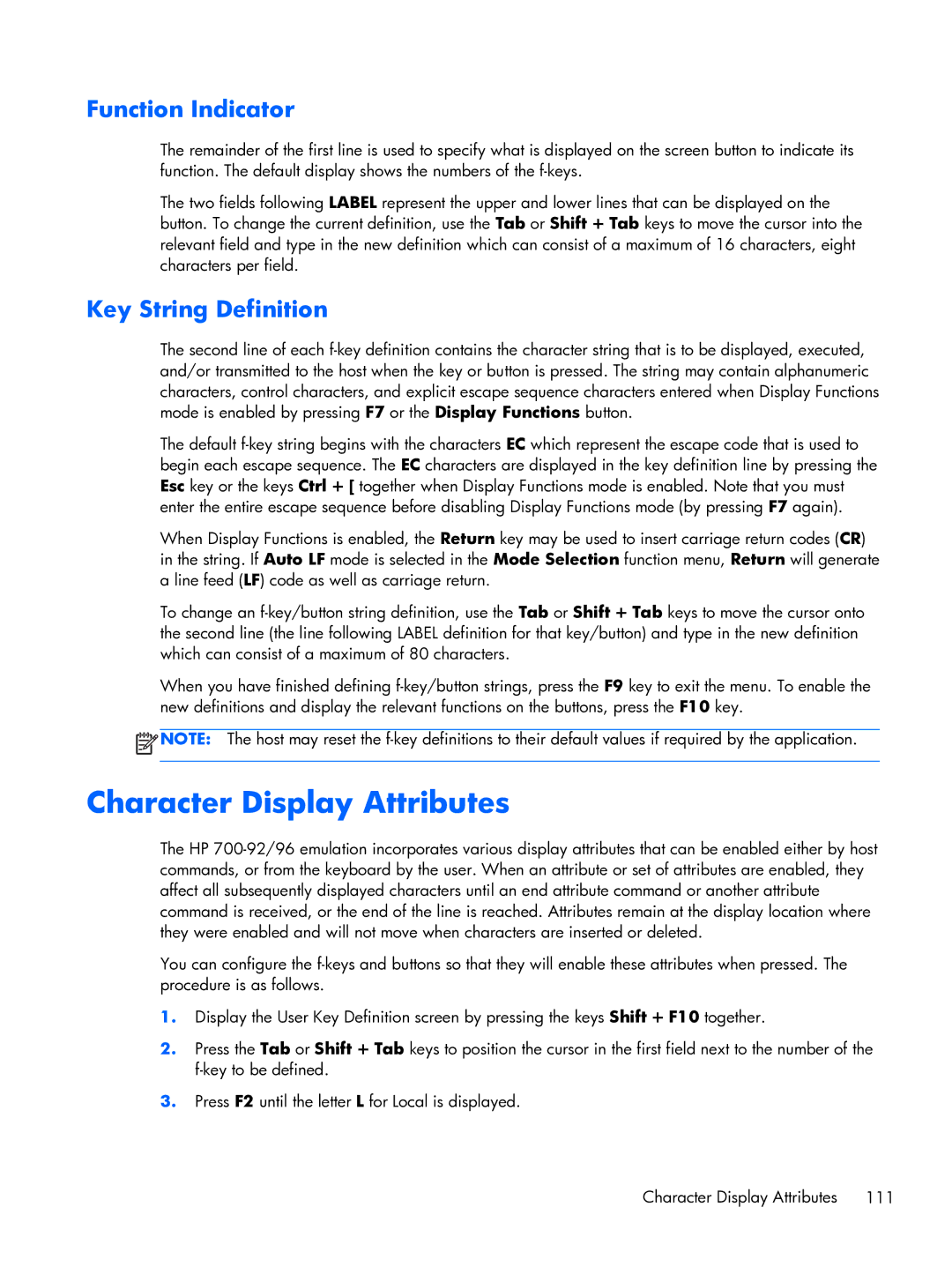 HP TeemTalk Terminal Emulator 8 E-License manual Character Display Attributes, Function Indicator, Key String Definition 