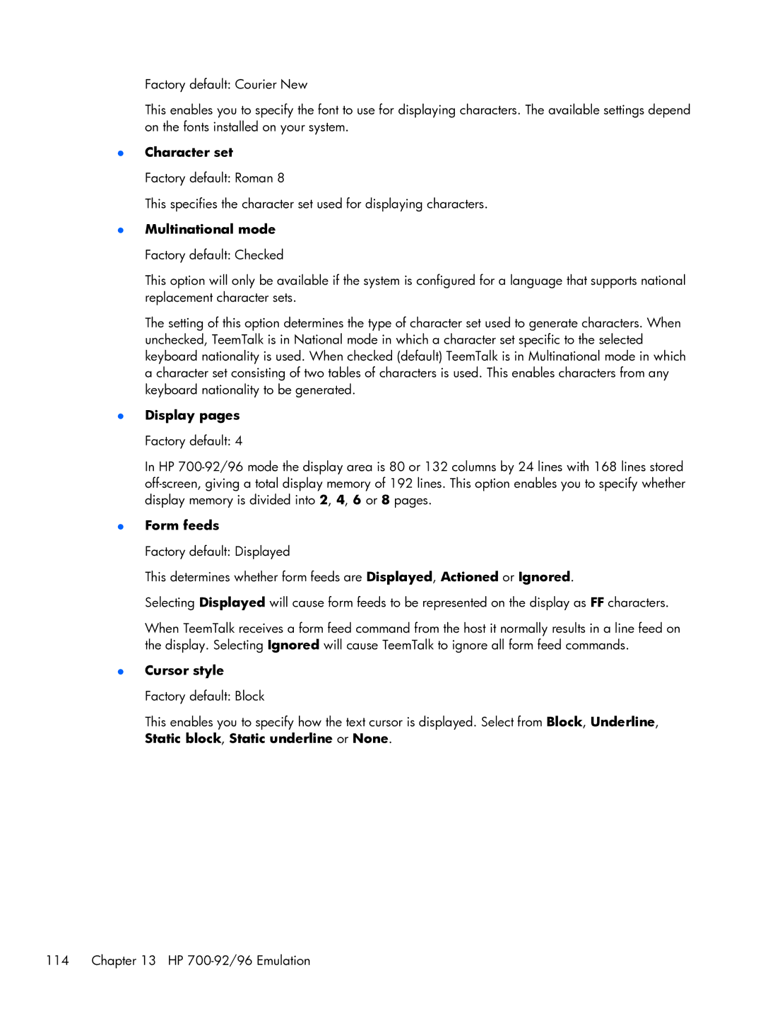 HP TeemTalk Terminal Emulator 8 E-License manual Display pages Factory default, Form feeds 