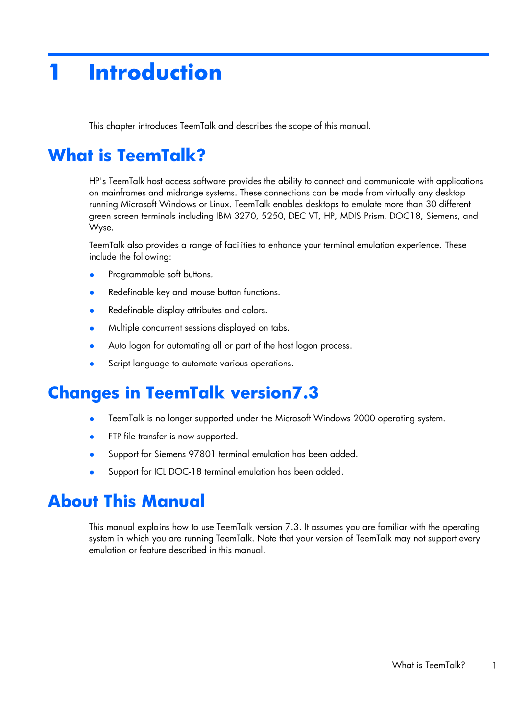 HP TeemTalk Terminal Emulator 8 E-License manual Introduction, What is TeemTalk?, Changes in TeemTalk version7.3 