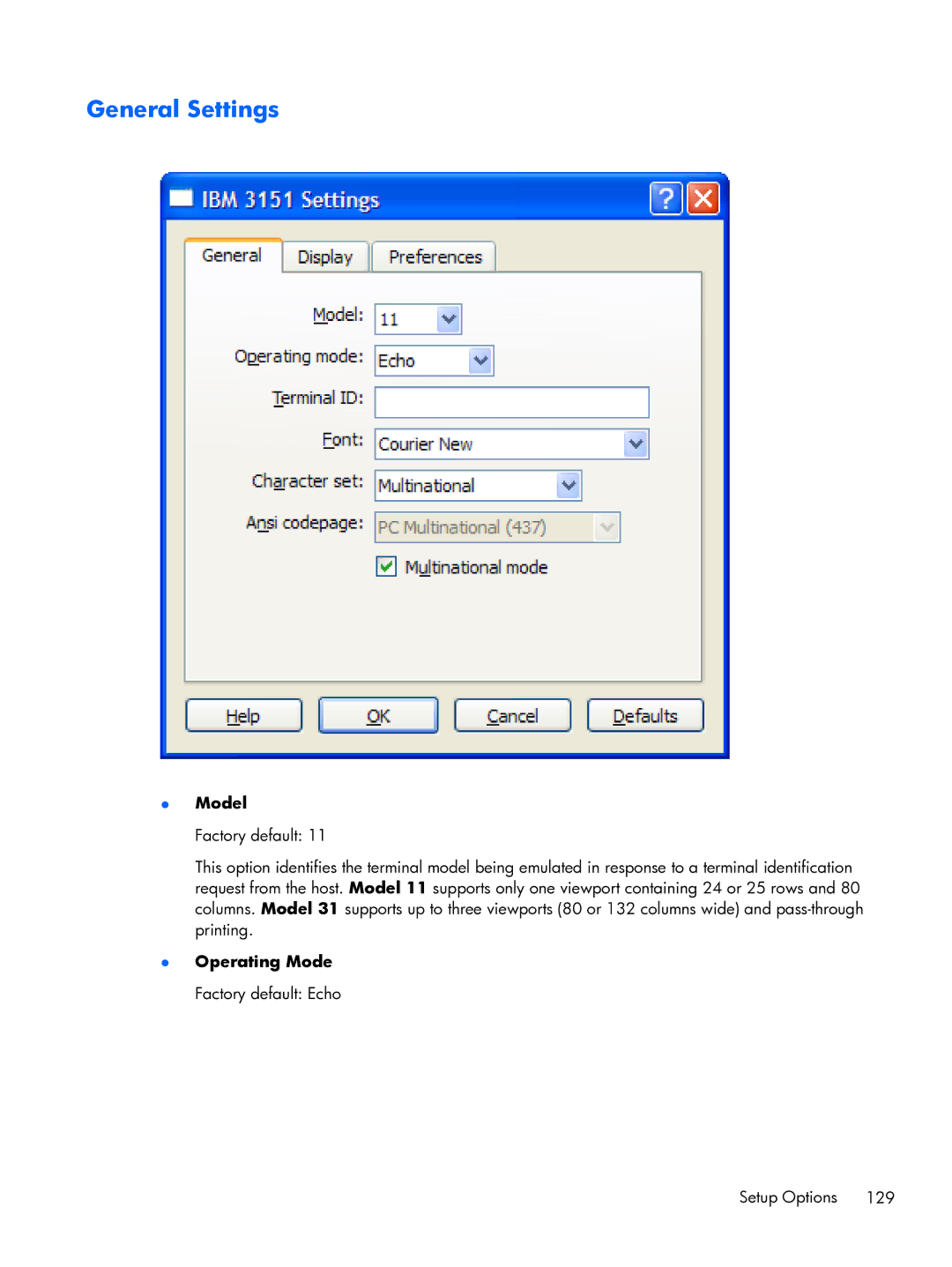 HP TeemTalk Terminal Emulator 8 E-License manual Model, Operating Mode Factory default Echo 