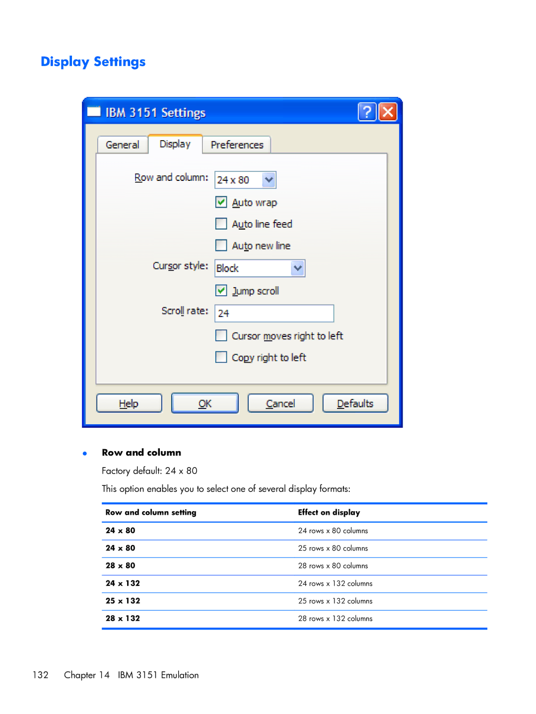 HP TeemTalk Terminal Emulator 8 E-License manual Display Settings, Row and column Factory default 24 x 