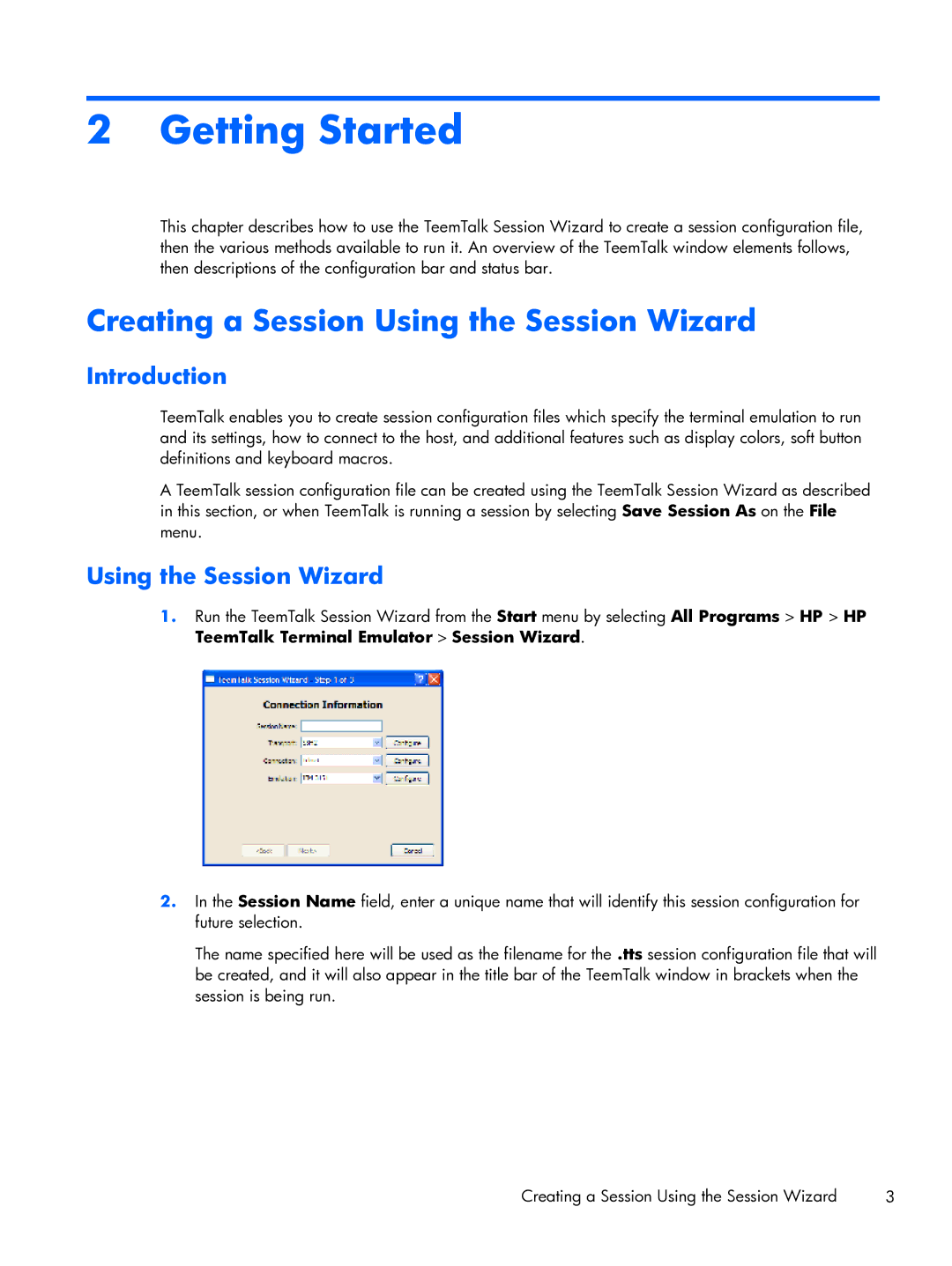 HP TeemTalk Terminal Emulator 8 E-License manual Getting Started, Creating a Session Using the Session Wizard, Introduction 