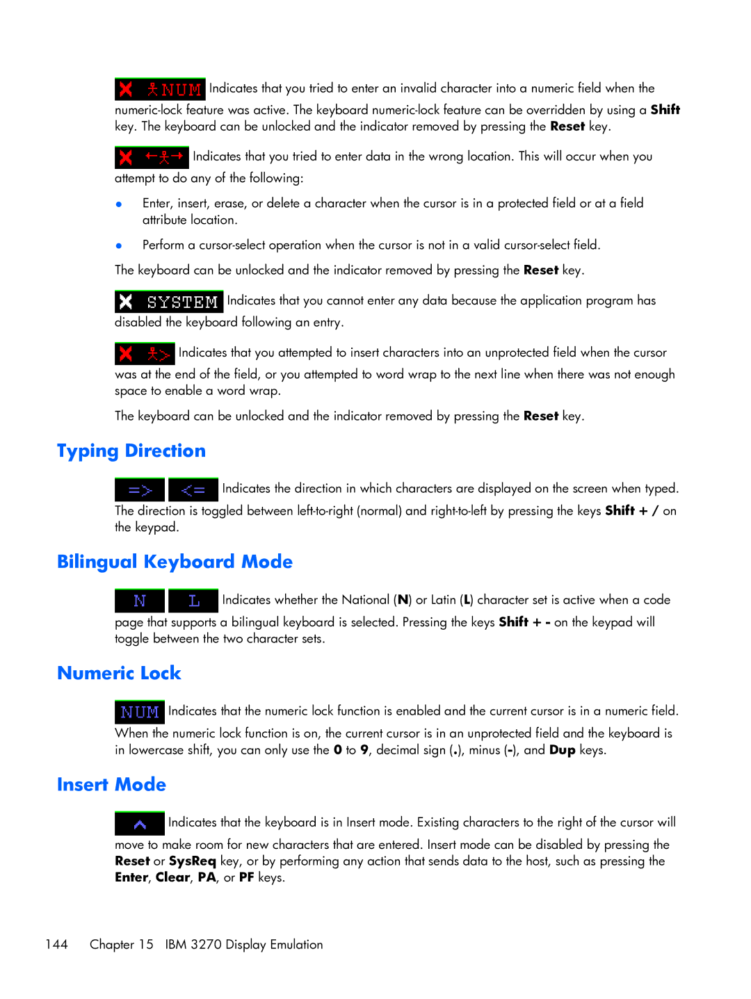 HP TeemTalk Terminal Emulator 8 E-License manual Typing Direction, Bilingual Keyboard Mode, Numeric Lock, Insert Mode 