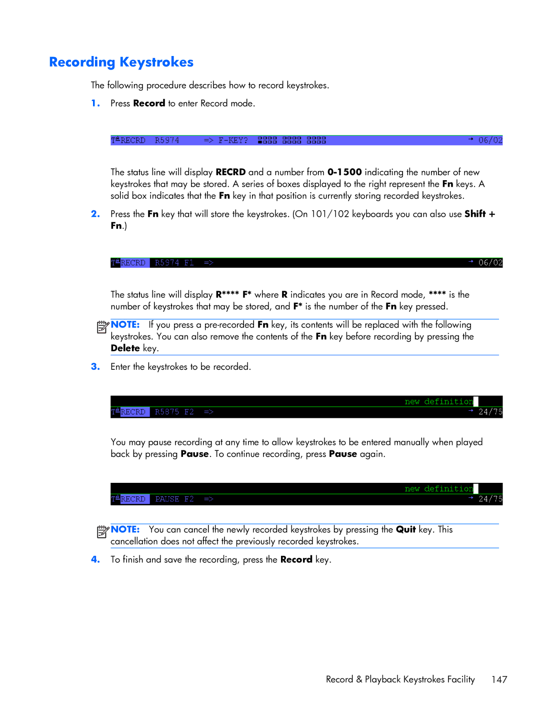 HP TeemTalk Terminal Emulator 8 E-License manual Recording Keystrokes 