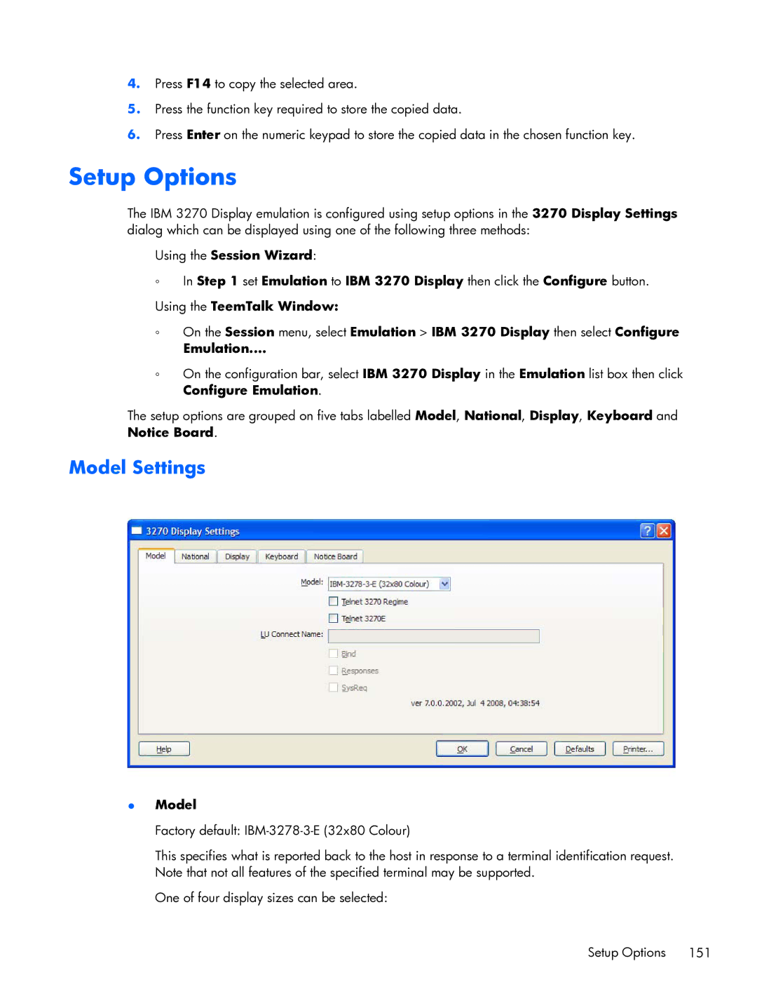 HP TeemTalk Terminal Emulator 8 E-License manual Setup Options, Model Settings 