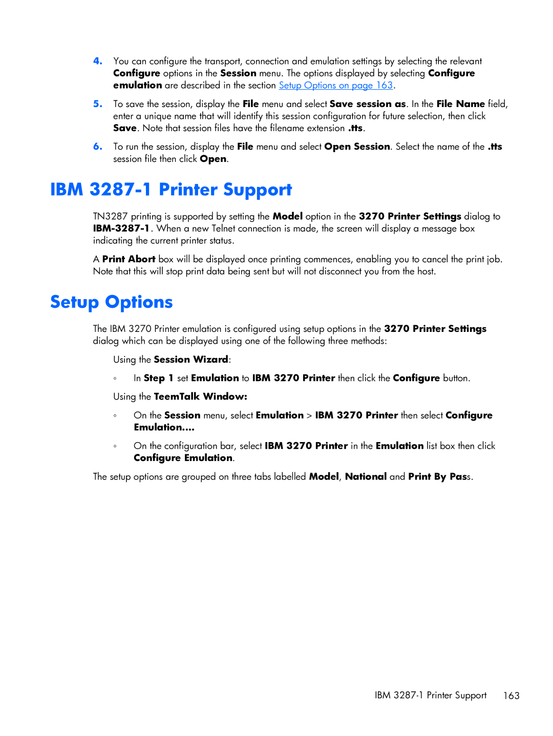 HP TeemTalk Terminal Emulator 8 E-License manual IBM 3287-1 Printer Support, Setup Options 