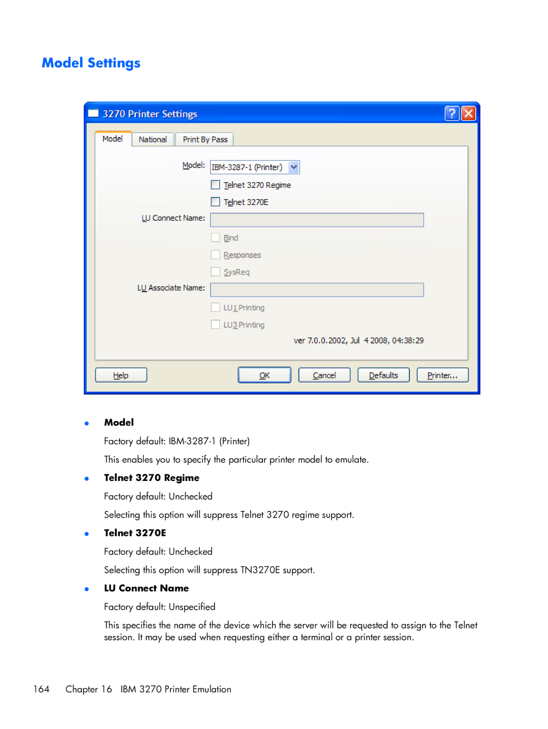 HP TeemTalk Terminal Emulator 8 E-License manual Model Settings, LU Connect Name Factory default Unspecified 