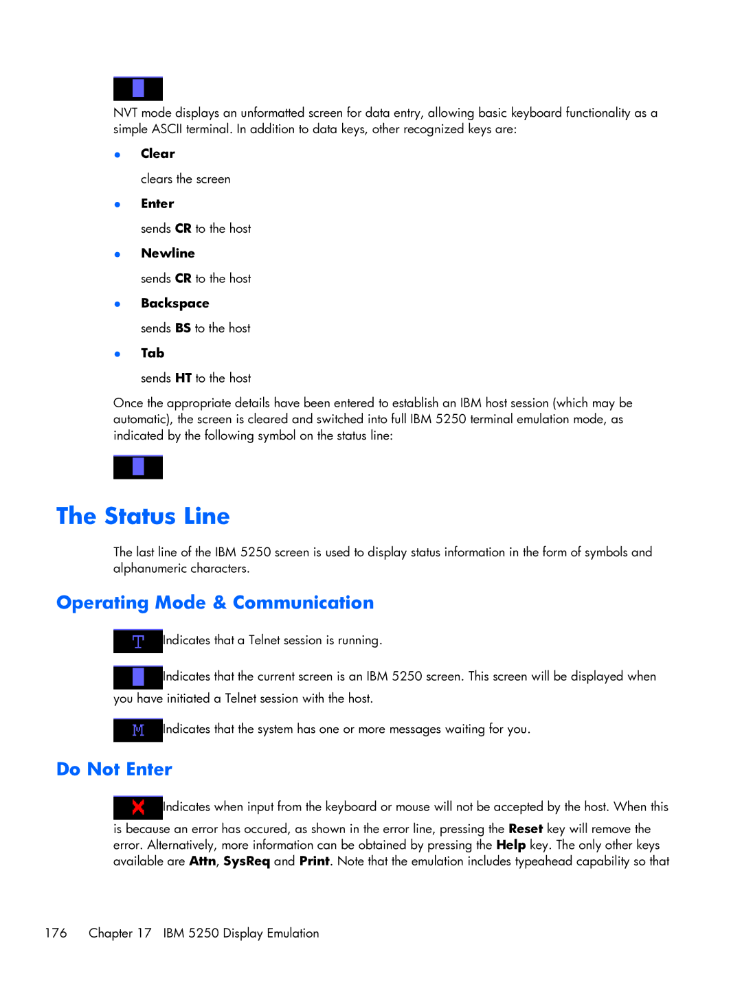 HP TeemTalk Terminal Emulator 8 E-License manual Clear, Enter, Newline, Backspace, Tab 