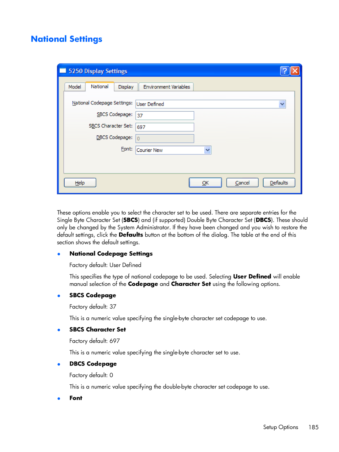 HP TeemTalk Terminal Emulator 8 E-License manual Sbcs Codepage Factory default, Sbcs Character Set Factory default 