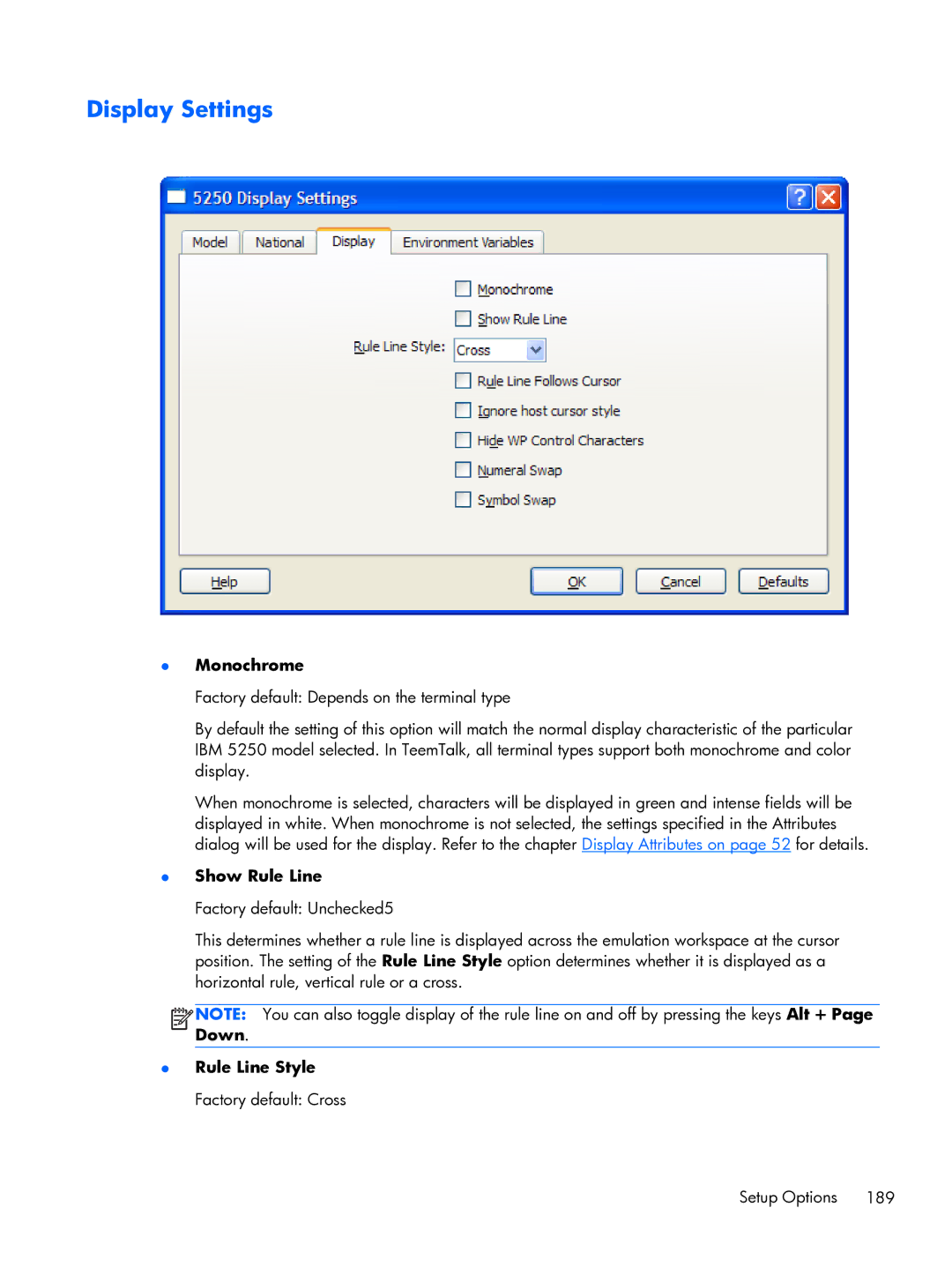 HP TeemTalk Terminal Emulator 8 E-License manual Display Settings 