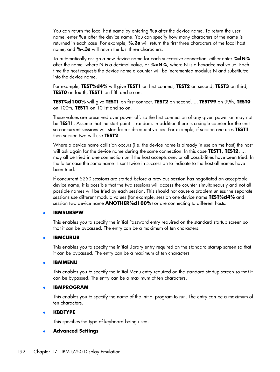 HP TeemTalk Terminal Emulator 8 E-License manual Ibmsubspw, Advanced Settings 