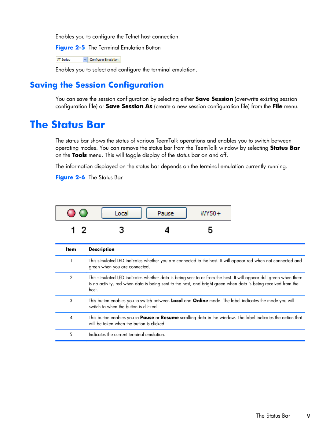 HP TeemTalk Terminal Emulator 8 E-License manual Status Bar, Saving the Session Configuration 