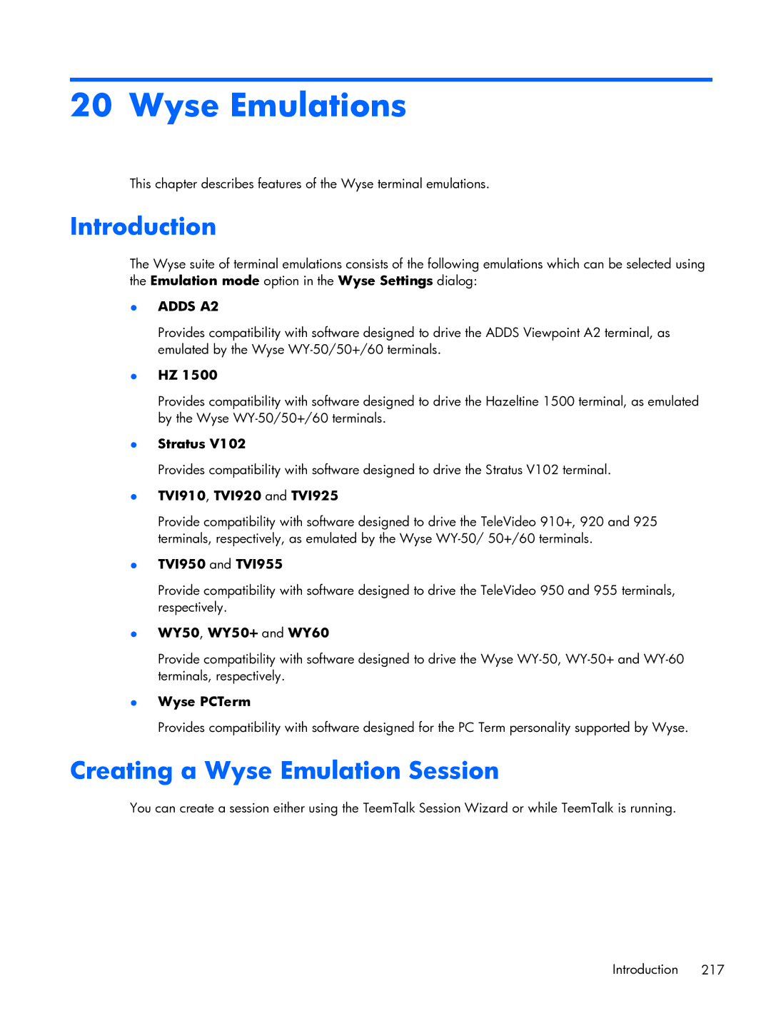 HP TeemTalk Terminal Emulator 8 E-License manual Wyse Emulations, Creating a Wyse Emulation Session 