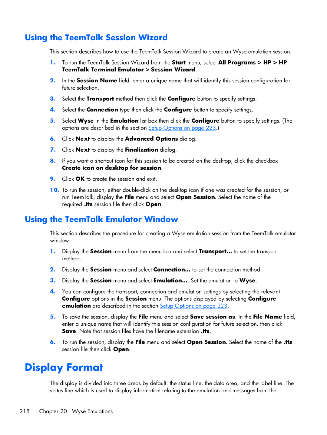 HP TeemTalk Terminal Emulator 8 E-License manual Display Format, Using the TeemTalk Session Wizard 